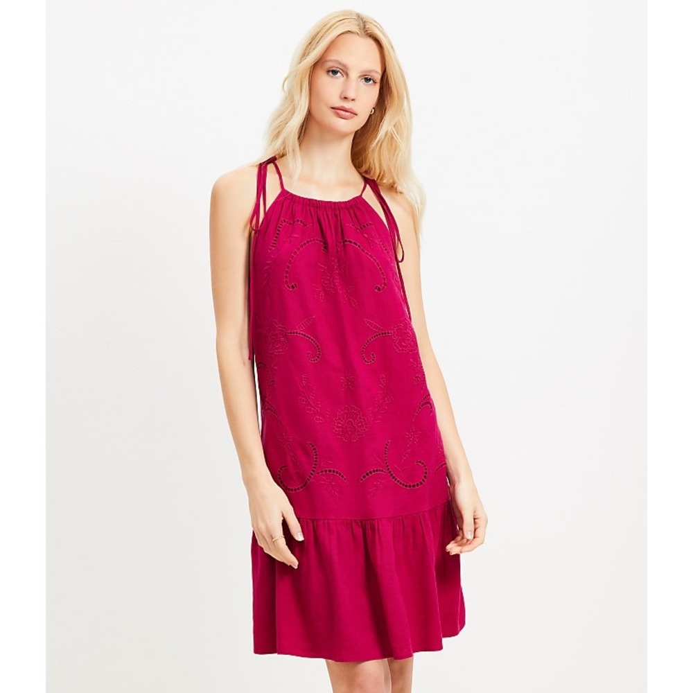 LOFT Magenta Pink Eyelet Embroidered Linen Blend Halter Ruffle Hem Dress Small